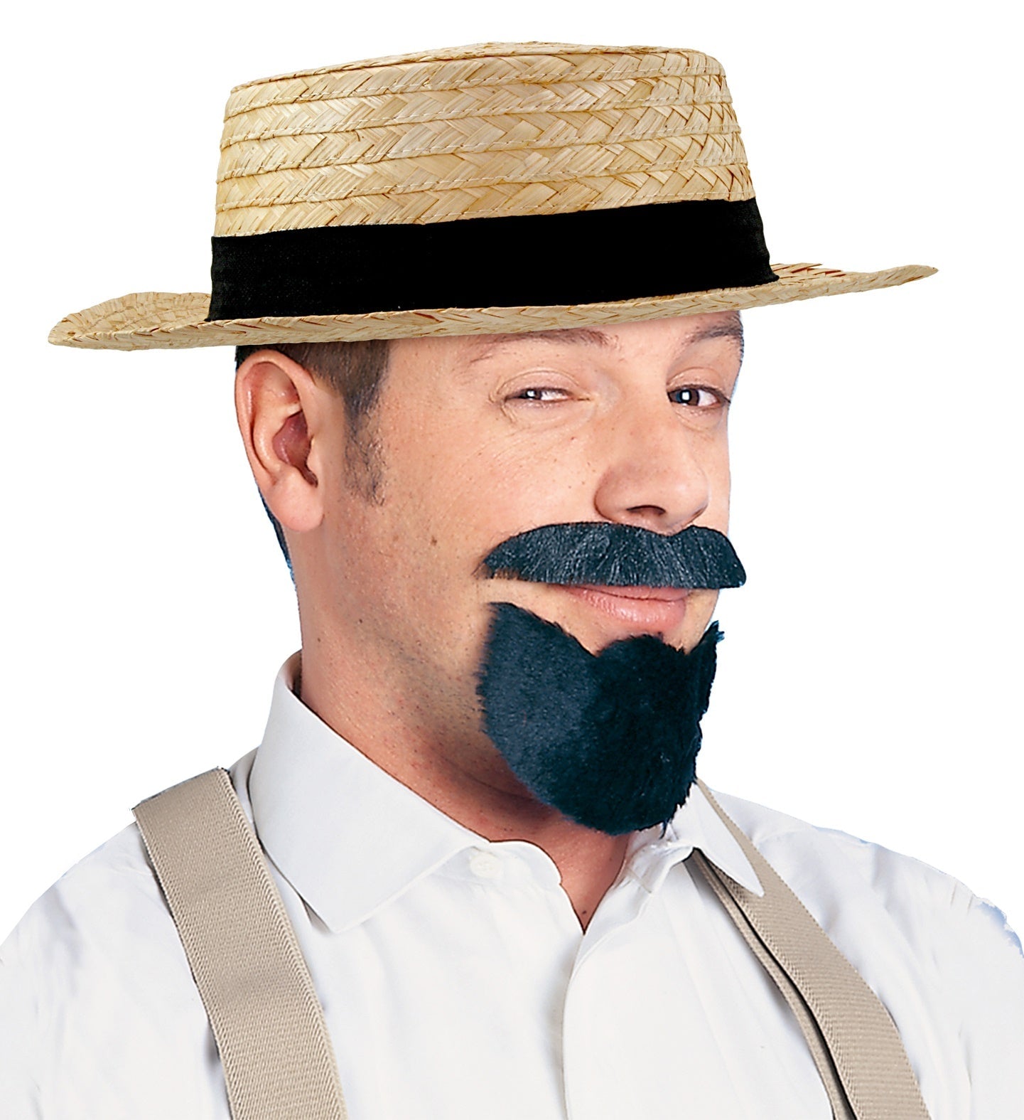 Beiger Strohhut mit Schleife und schwarzem Band, ideal für sonnige Tage im Freien.