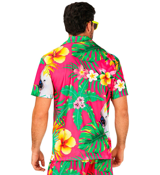 Back view of a man wearing a pink Hawaiian camp-collar shirt with jungle print of cockatoo, hibiscus flowers, and palm leaves.