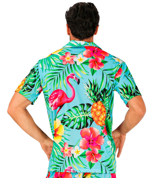 Rear view of a man wearing a blue quick-dry Hawaiian shirt with pink flamingos, green leaves, pineapples, and hibiscus flowers.