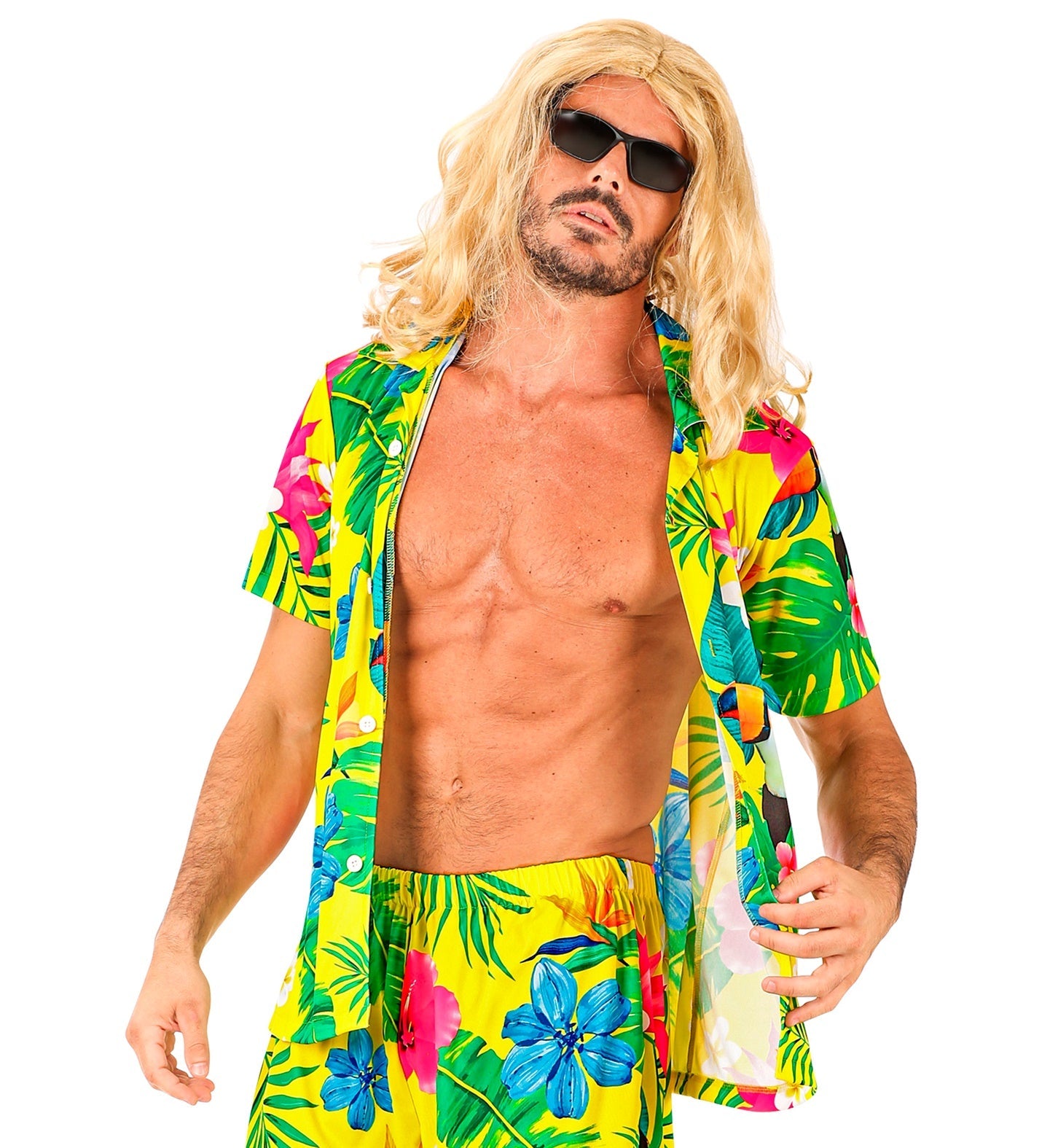 Man in open Hawaiian shirt with pelican print and matching shorts.