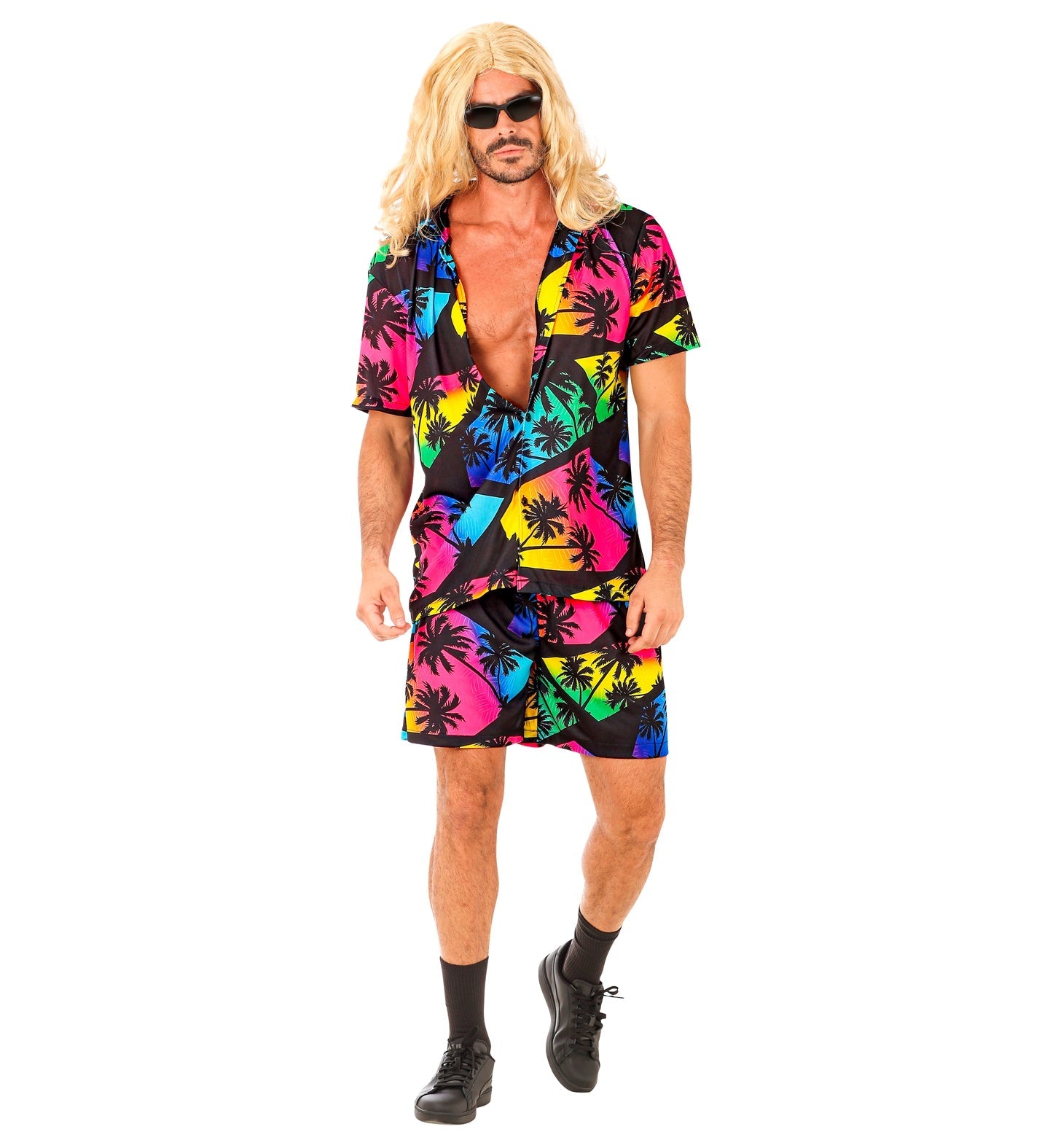 Man in blonde wig wearing Widmann Hawaii outfit with dark tropical print shirt, neon accents, and matching shorts.
