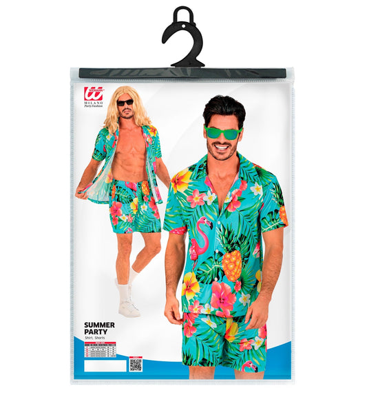 Men's Hawaii outfit with turquoise shirt and shorts featuring flamingos and pineapples.