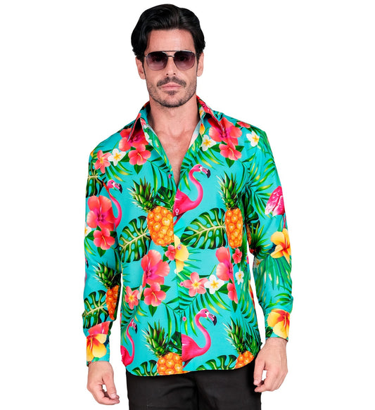 Neonfarbiges Hawaiian-Shirt mit Flamingo-Muster für Männer, ideal für Sommerpartys.