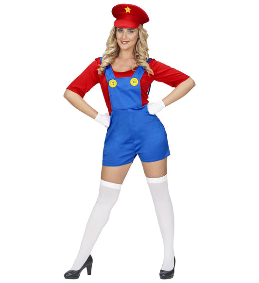 Rotes Super Mario Damenkostüm mit Jumpsuit, Schaumstoffbauch und roter Mütze mit M-Logo