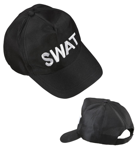 Black adjustable SWAT baseball cap with white embroidery on cotton fabric.