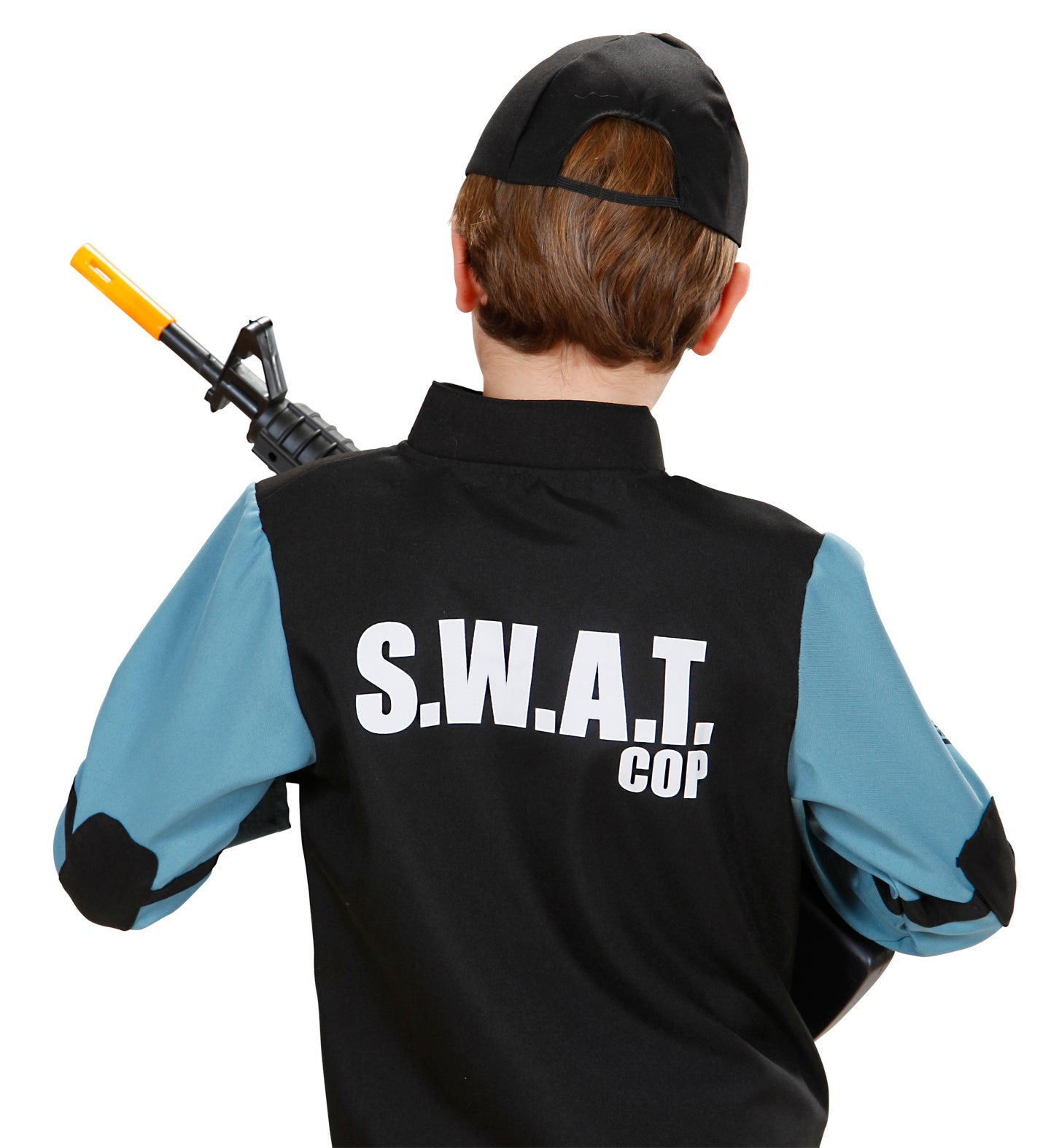 Back view of child in black SWAT costume top with white lettering, blue accents, toy rifle, and black cap.