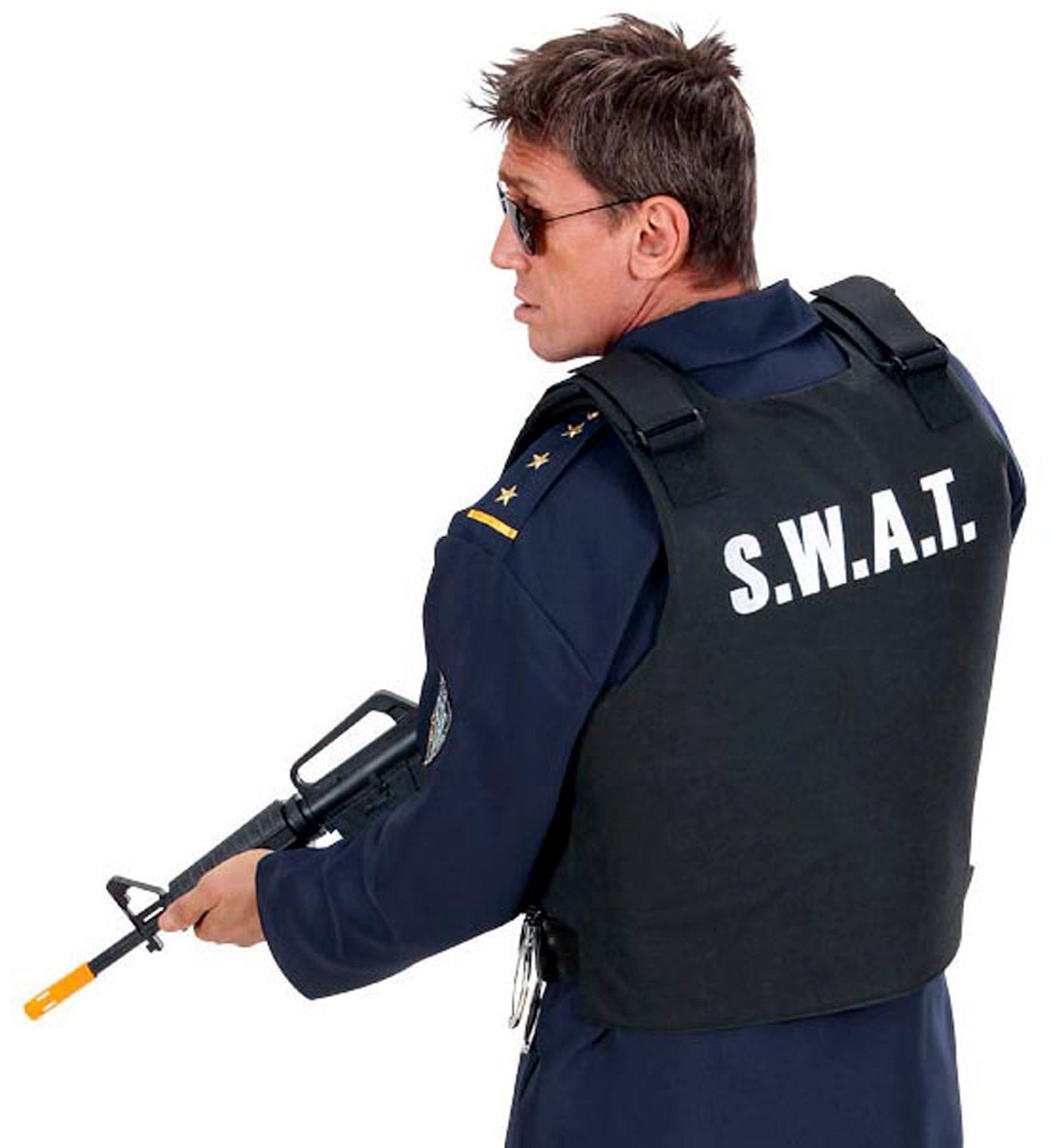 Rear view of black SWAT tactical vest on model holding toy rifle, one size M/L Oxford fabric.
