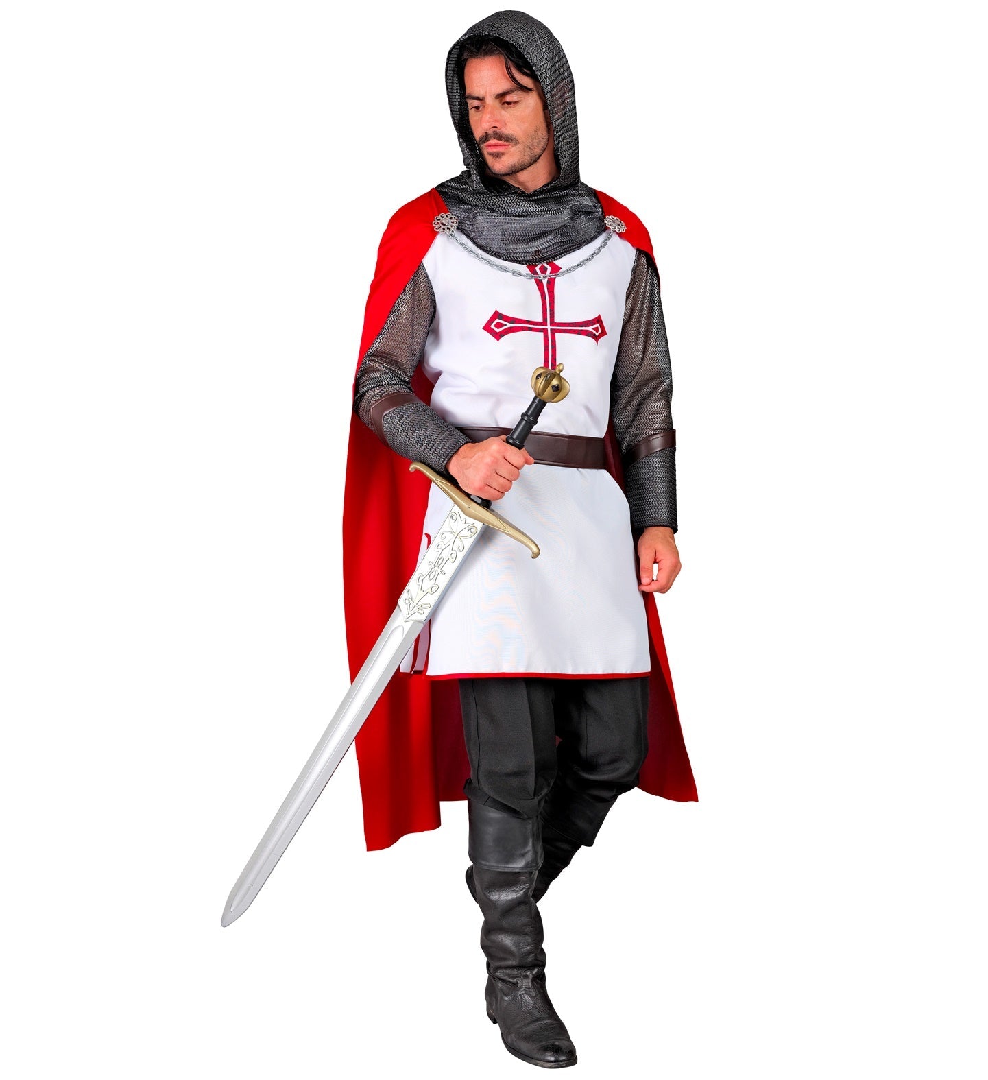 Mittelalterliches Ritterkostüm mit Umhang, Kapuze und Gürtel in Schwarz und Weiß.