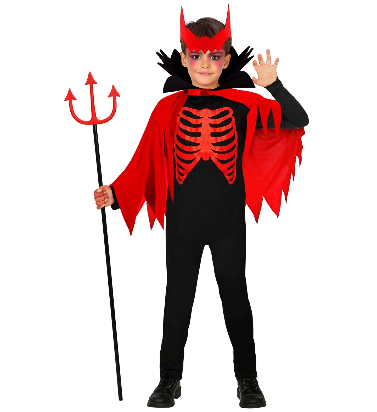 Jungenkostüm Teufel mit rotem Overall, schwarzem Umhang und Hörnern auf dem Kopf