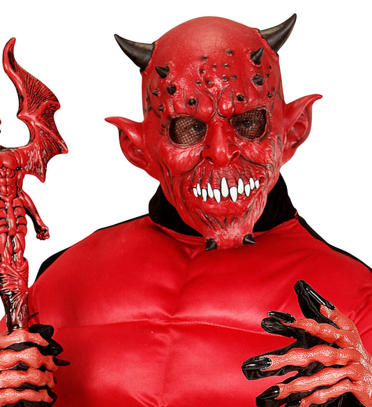 Rote Latex-Teufelsmaske mit Hörnern und detaillierten Gesichtsfalten für den ganzen Kopf