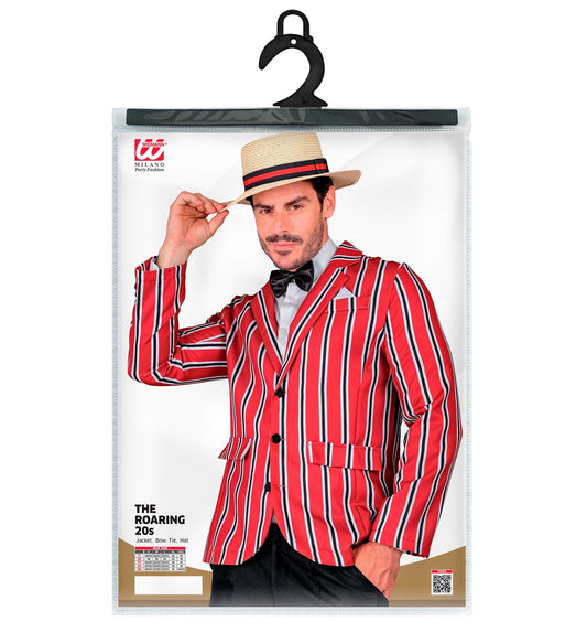 Man in red-and-white striped 1920s gangster suit with bow tie and straw hat on hanger.