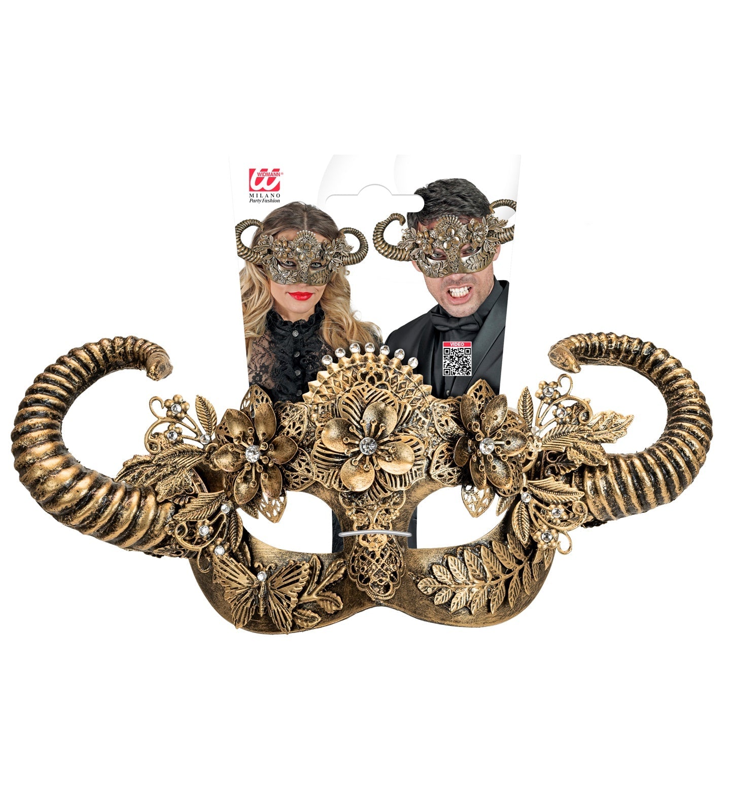 Widmann Goldene Ram Theatermaske aus leichtem Kunststoff mit realistischen Hörnern.