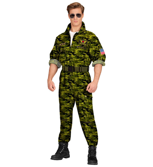 Camouflage Overall im Top Gun Stil mit Pilot-Patches und durchgehendem Reißverschluss.