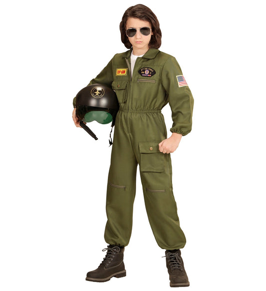 Grünes Top Gun Piloten-Kostüm für Kinder mit Overall und Helm.