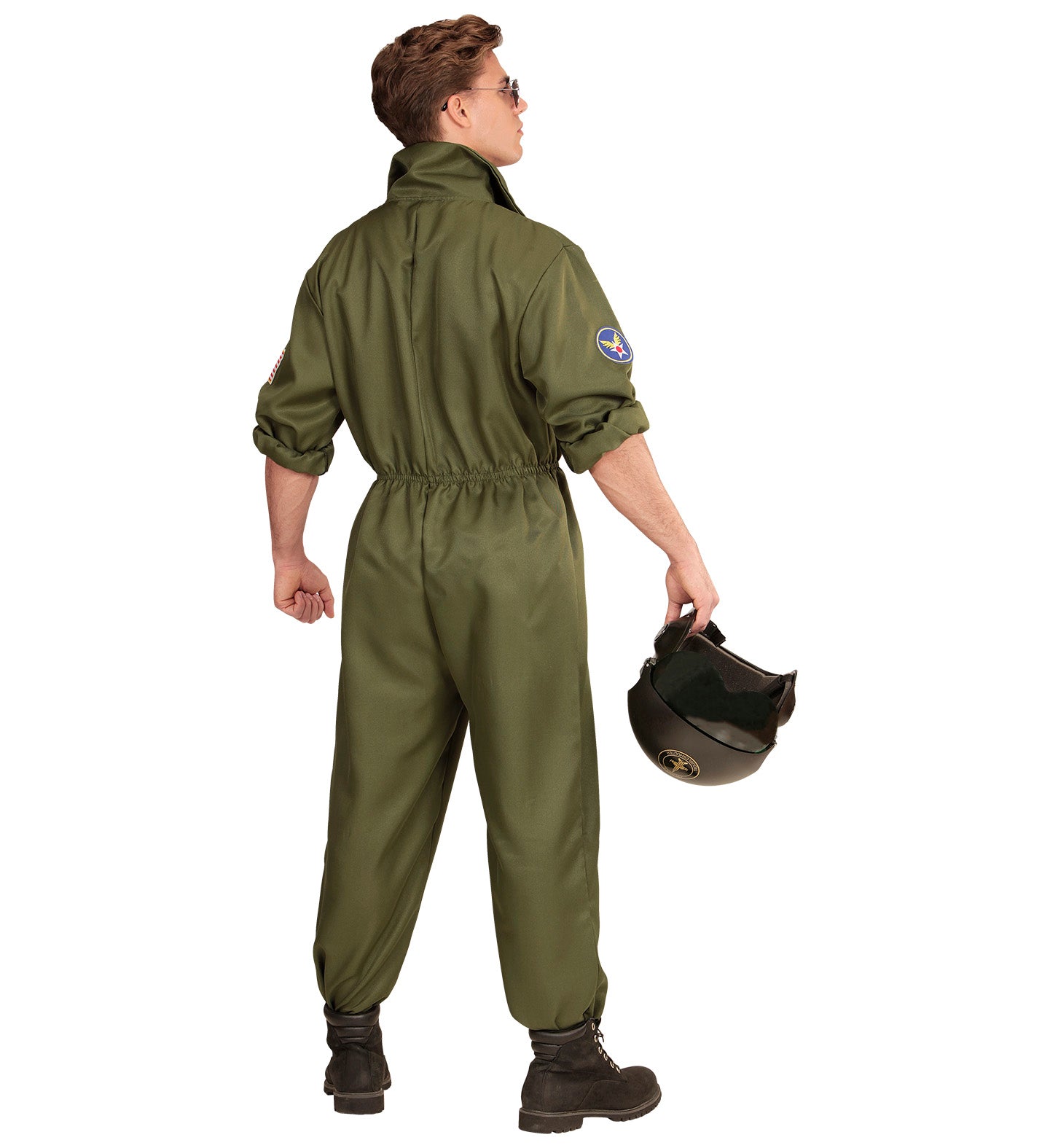 Rear view of a man in a green unisex Top Gun pilot flight suit holding a helmet.