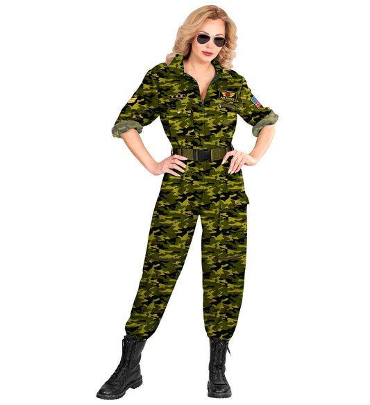 Damen-Overall mit Camouflage-Muster und Top Gun Patches, langer Reißverschluss, figurbetont