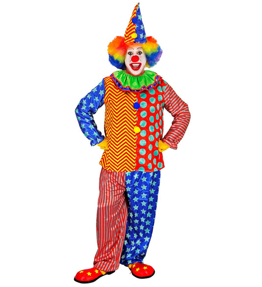 Unisex clown costume set with multi-colored shirt, trousers, and pointed hat.