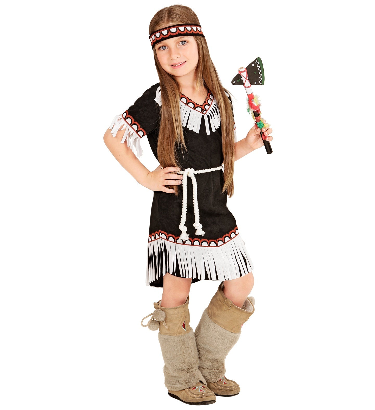 Mädchenkostüm Indianerin mit braunem Kleid, buntem Gürtel und Federstirnband für Kinder