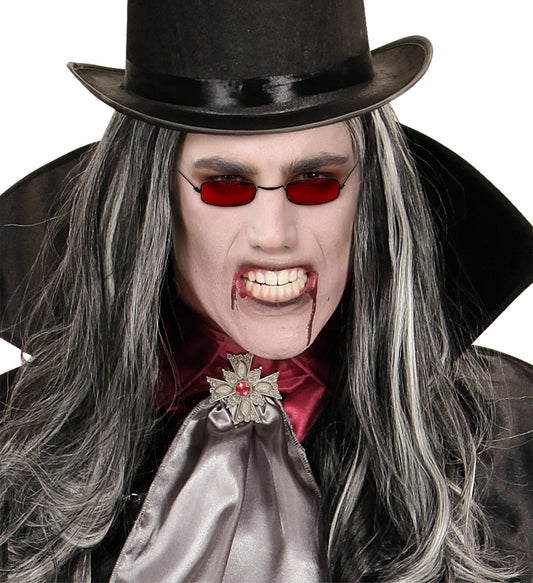 Lightweight red vampire glasses with blood-red lenses on a pale model.