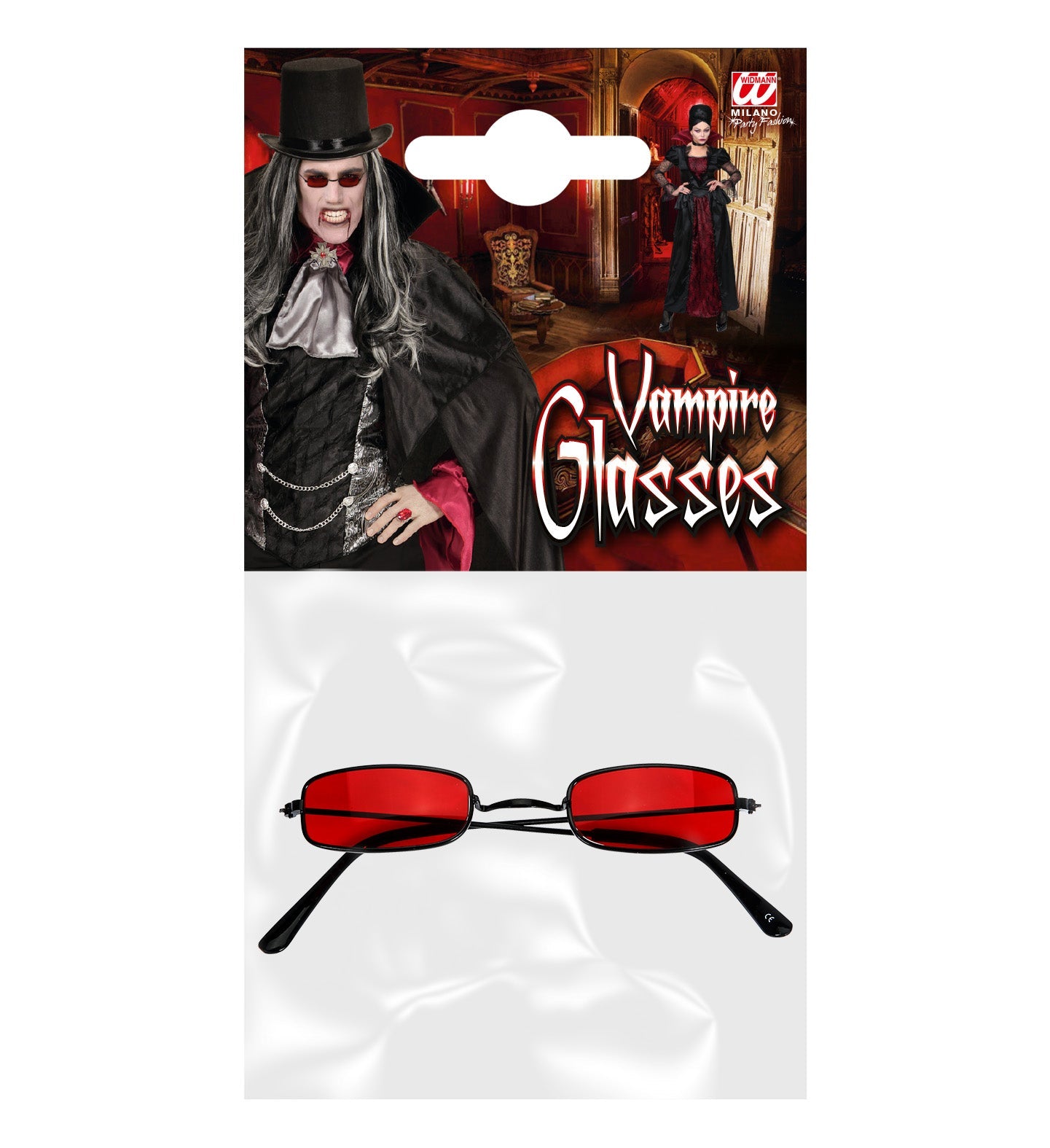 Lightweight red vampire glasses with blood-red lenses on a card.