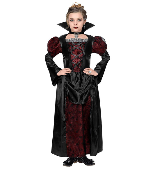 Girl in red and black vampire queen costume with cape and crown.
