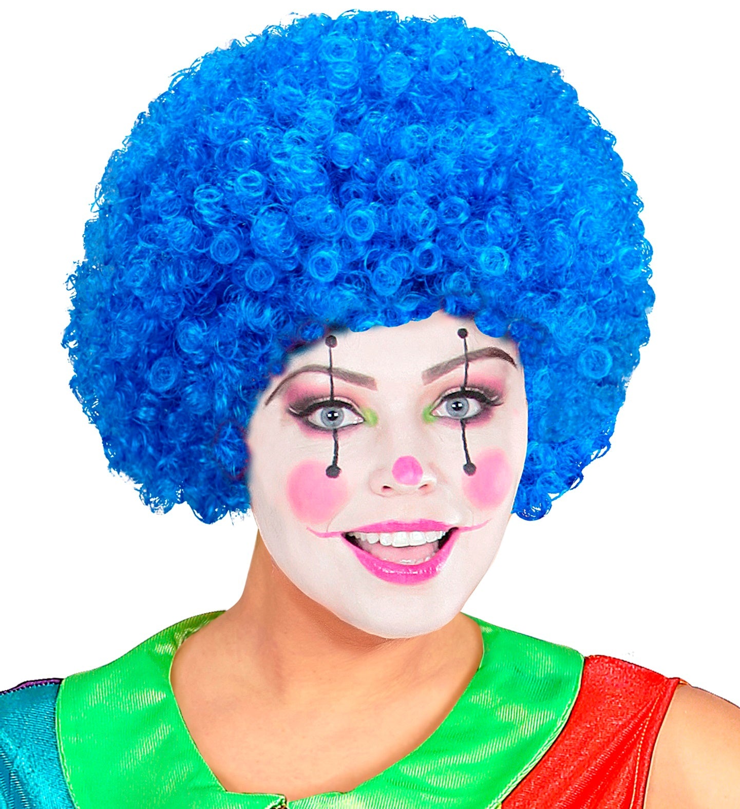 Blaue Afro-Clownperücke mit lockigen Haaren, ideal für Partys und Karneval.
