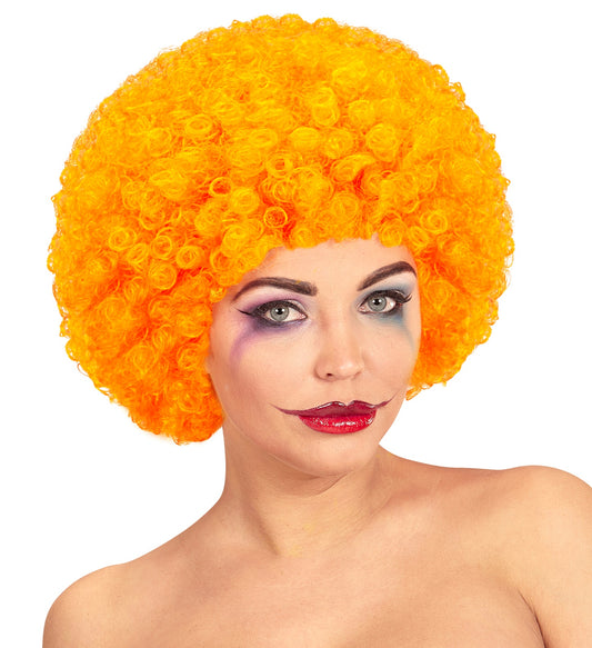 Orangefarbene Afro-Clownperücke aus Kunsthaar mit voluminösem, strubbeligem Look für Erwachsene.
