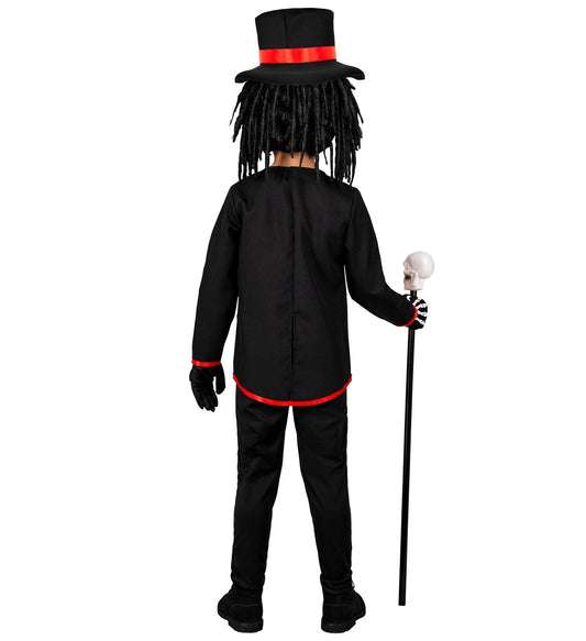 Voodoo Priester Kinderkostüm mit Jackett, Hemd, Hose und Hut in dunklen Farben.