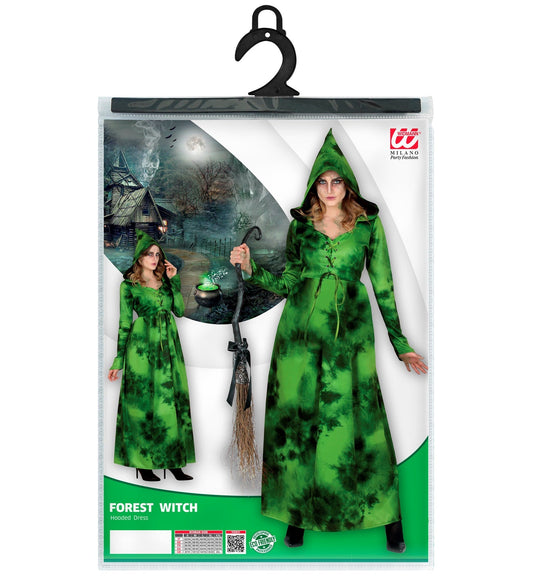 Schwarzes Damenkostüm mit Kapuze, Moos- und Holzprints, ideal für Halloween und Karneval.