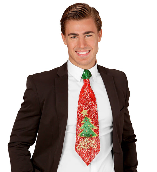Rote und grüne Glitzernecktie mit "Merry Christmas"-Schriftzug auf glattem Polyester.