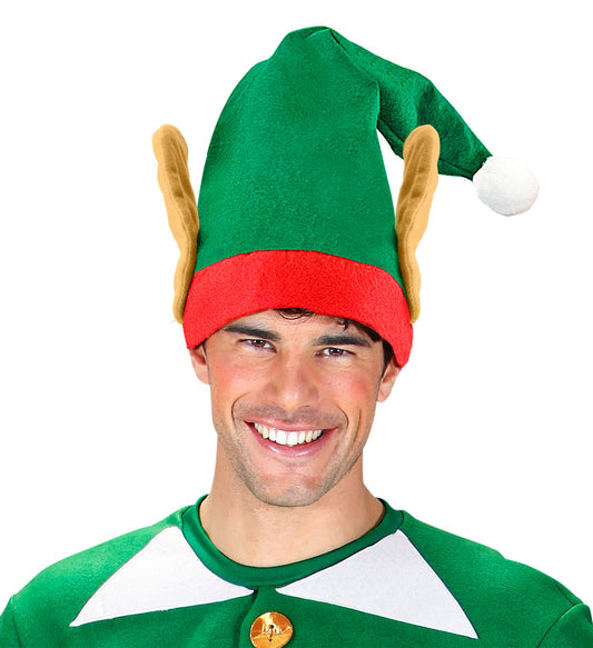 Rote Weihnachtsmütze mit weißen Saum und flauschigen Elfenohren, Fleece-Kragen sichtbar