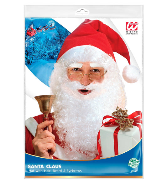 Rote Weihnachtsmannmütze mit weißem Bart und Augenbrauen, ideal für Herren-Kostüme.