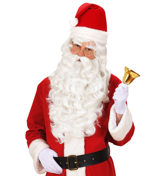 Weiße Weihnachtsmannperücke mit dichtem Bart und Augenbrauen, ideal für festliche Anlässe.