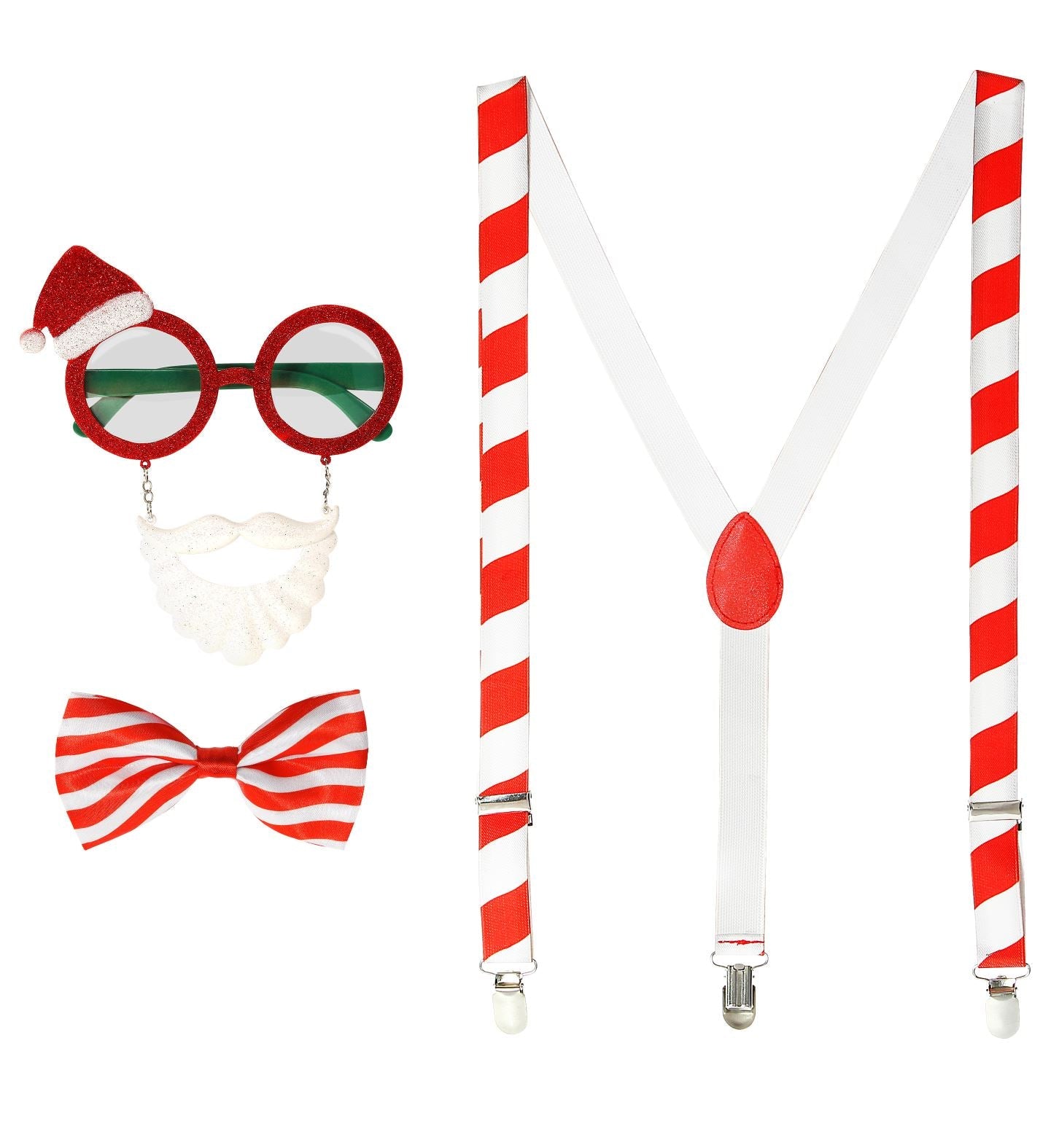 Weihnachtsmann-Set mit goldgerahmter Brille, roten Hosenträgern und Rentier-Fliege für Erwachsene