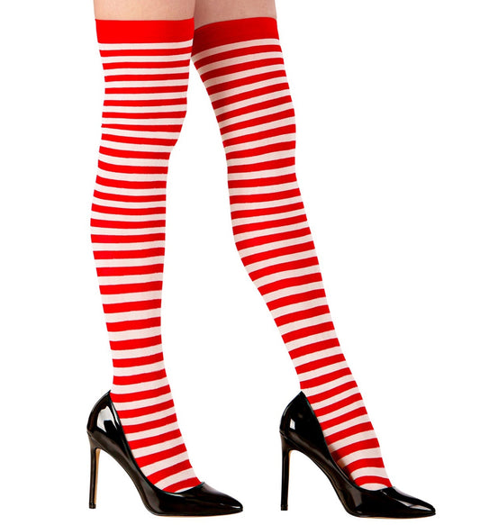 Weiß-rote, gestreifte Overknee-Strümpfe mit 70 DEN in Überknielänge von Widmann.