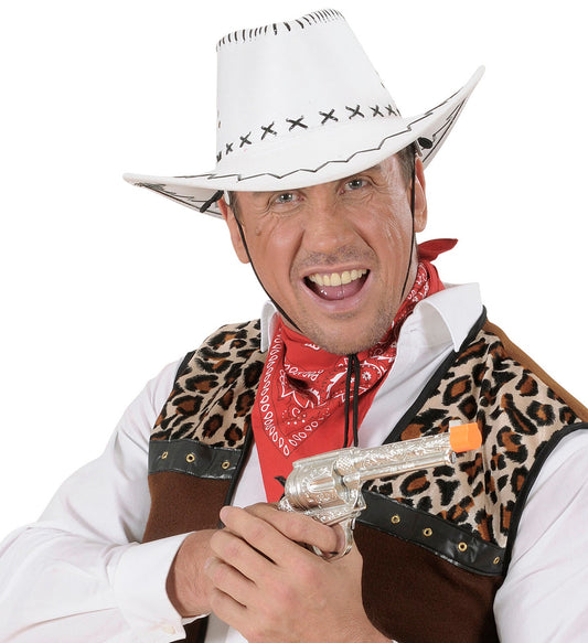 Weißer Cowboyhut aus Kunstwildleder mit dicker Naht und western Stil.