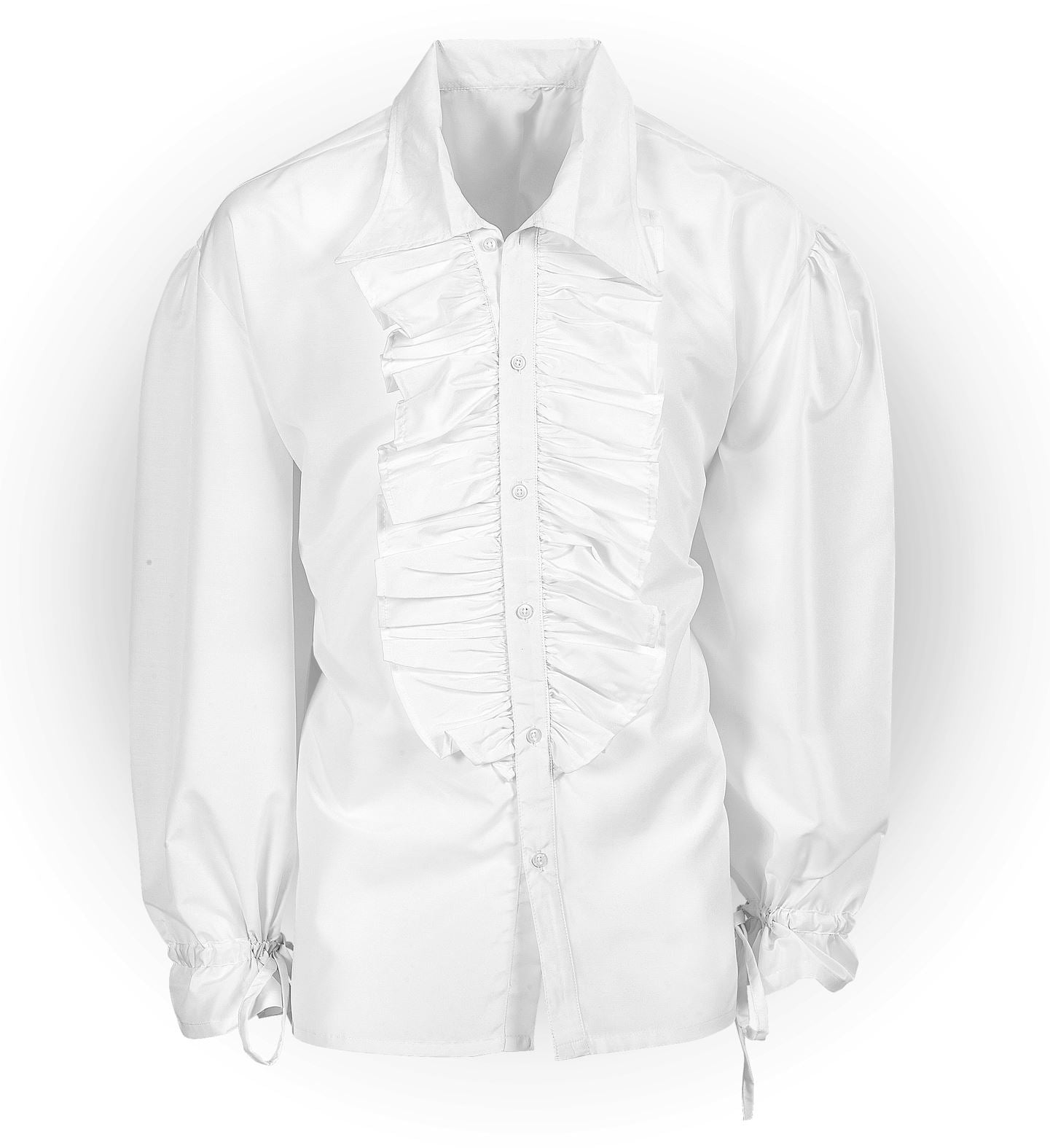 White ruffle pirate shirt for men with puffed sleeves and elastic cuffs.