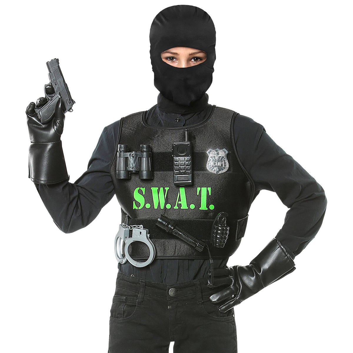 "S.W.A.T." (Kugelsichere Weste, Maske, Abzeichen, Pistole, Handschellen, Funkgerät, Taschenlampe, Handgranate, Fernglas)