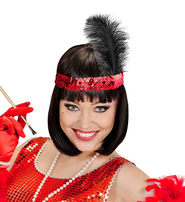 "ROTES PAILLETTEN STIRNBAND MIT FEDER"