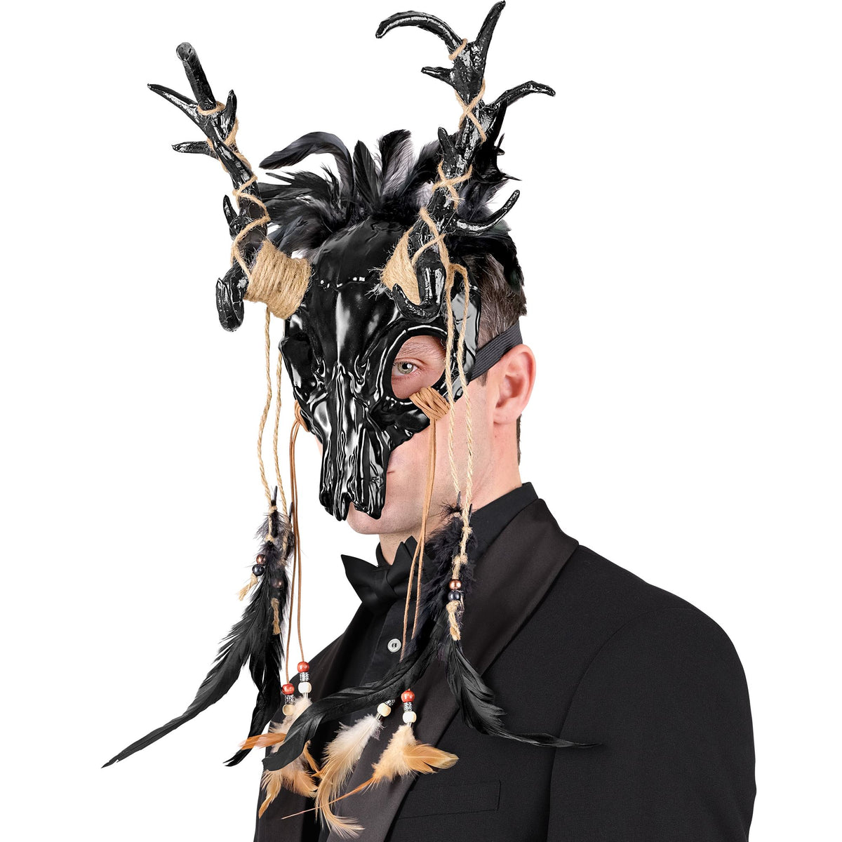 "BULLENSCHÄDEL SCHAMANENKOPF MASKE MIT SCHWARZEN FEDERN"