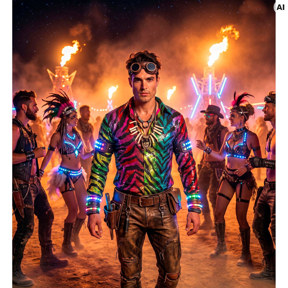 "PARTY FASHION HEMD" (Paillettenhemd in Tigermuster Regenbogen)