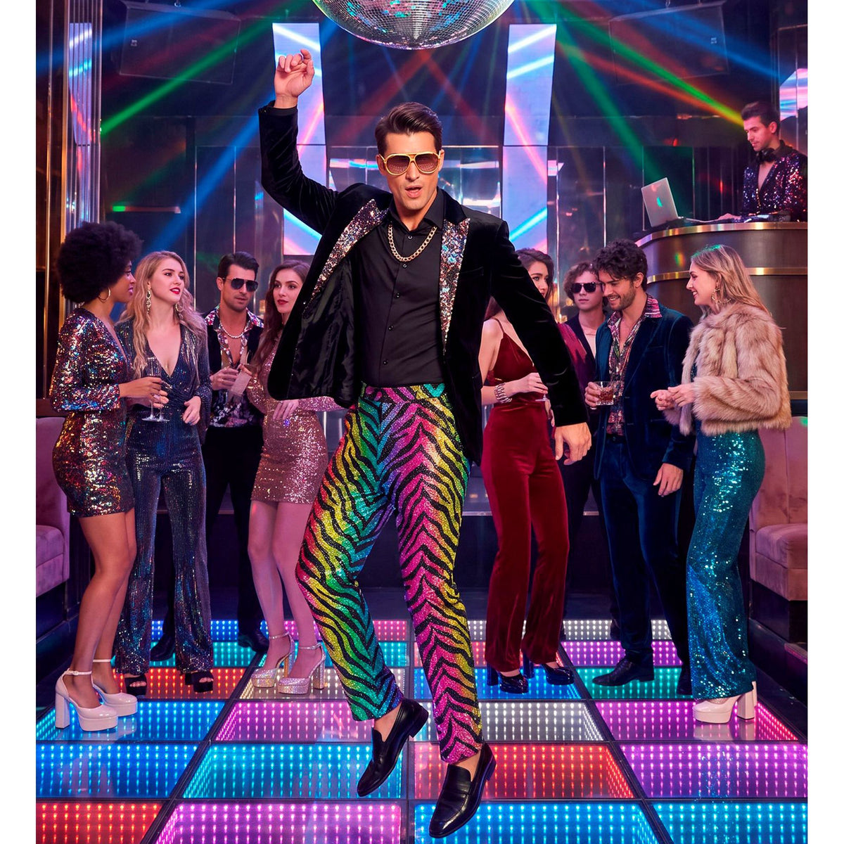 "PARTY FASHION HOSE" (Paillettenhose in Tigermuster Regenbogen)