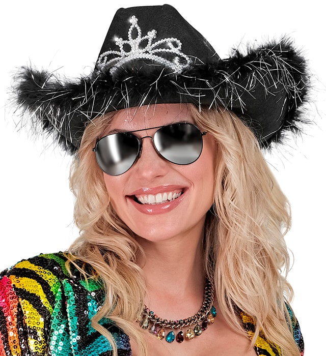 "SCHWARZER COWGIRL mit Tiara & Marabu Verzierung mit Lametta Fäden in Silber