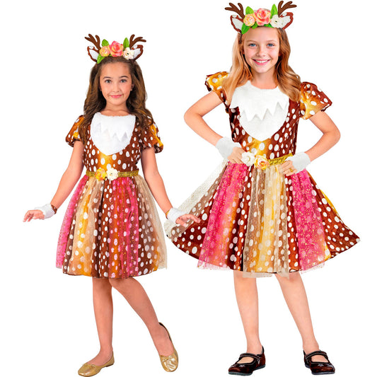 Elegantes Reh-Kostüm mit Kleid, Kopfschmuck und fingerlosen Handschuhen für Fasnacht
