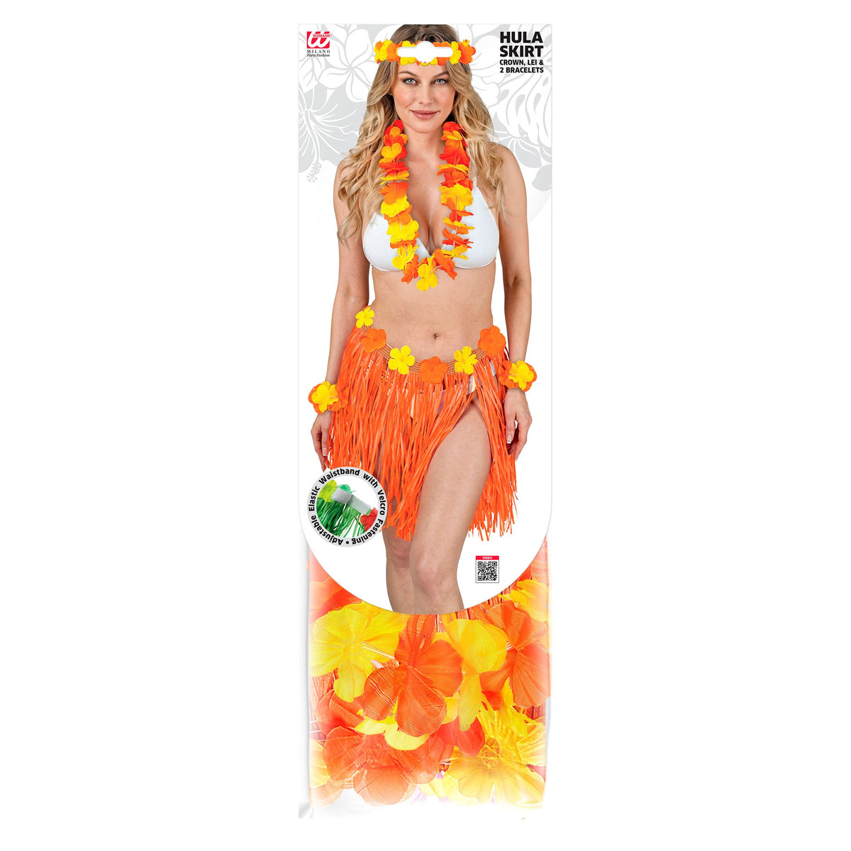 "ORANGENES HAWAII-SET" (Bastrock mit Blumengürtel, Halskette, Stirnband, 2 Armbänder)