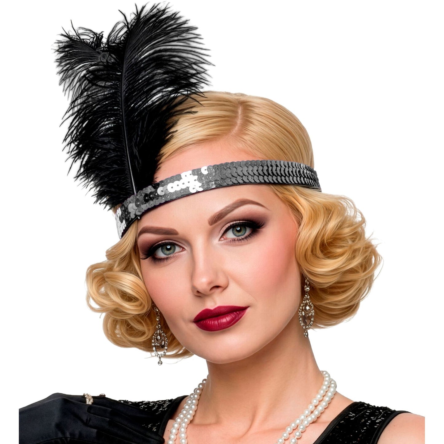 Elegantes silbernes Stirnband mit Pailletten und Federn – 25 cm Fasnachts-Accessoire