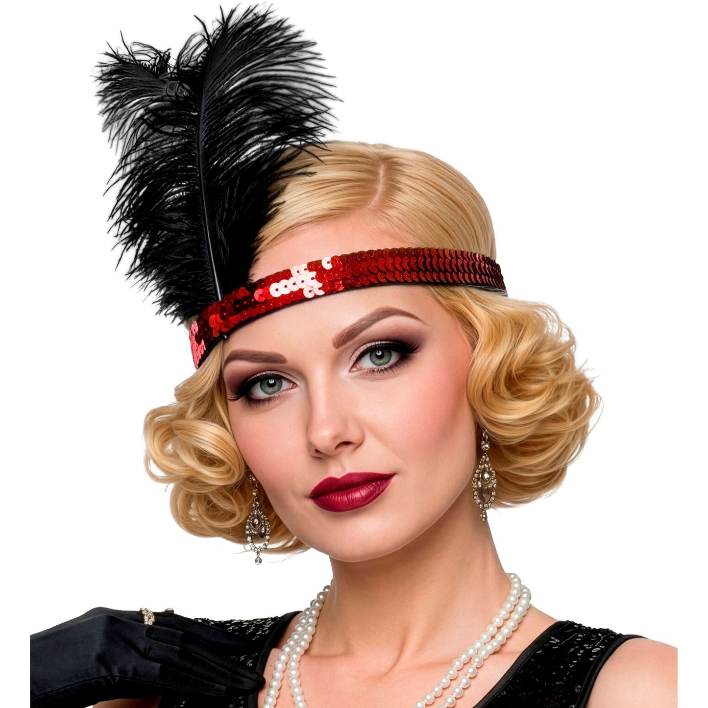Rotes Pailletten-Stirnband mit 2 Federn – Glänzendes Festaccessoire 25 cm