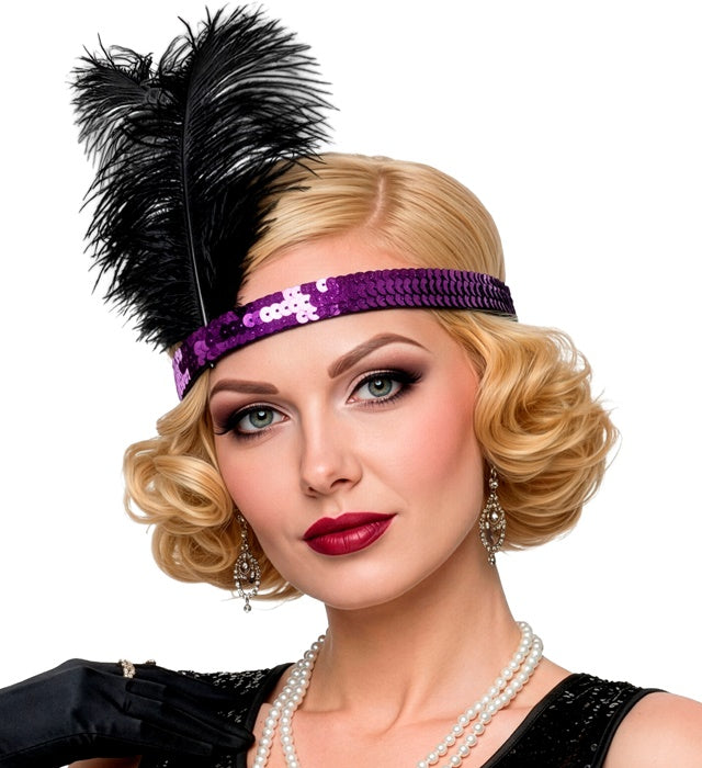 "PINKES STIRNBAND AUS PAILLETTEN MIT 2 FEDERN" 25 cm