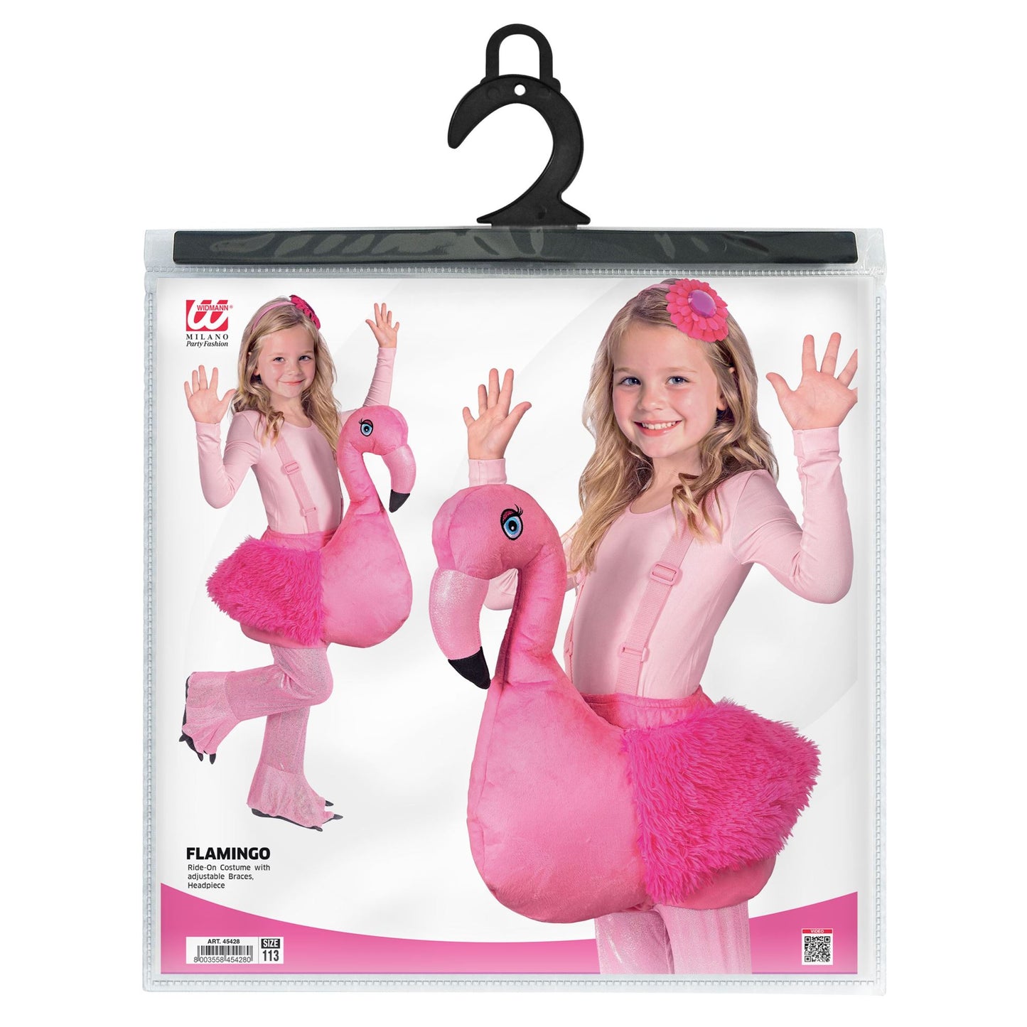 Widmann Flamingo Huckepack-Kostüm für Kinder mit verstellbaren Gurten und Kopfschmuck – Verpackung