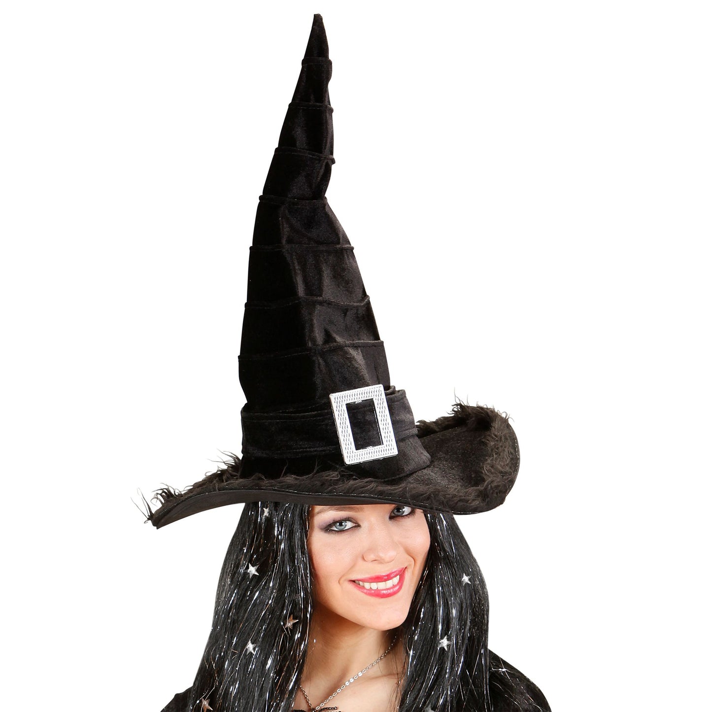 Samthexenhut mit Plüschbesatz und dekorativer Schnalle für Halloween & Fasnacht